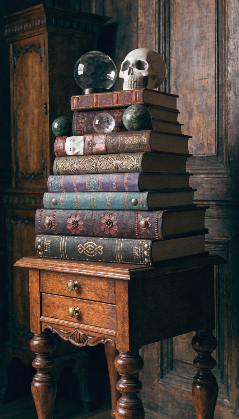 A collection of vintage books stacked beside mystical objects in a cozy setting.