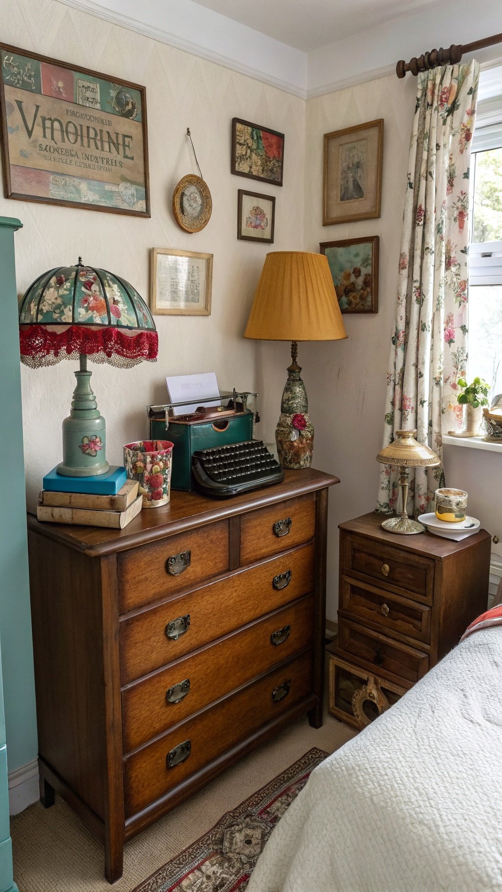 17 Whimsical Small Bedroom Ideas to Spark Your Imagination A cozy vintage-inspired small bedroom with wooden furniture, vintage decor items, and floral curtains.