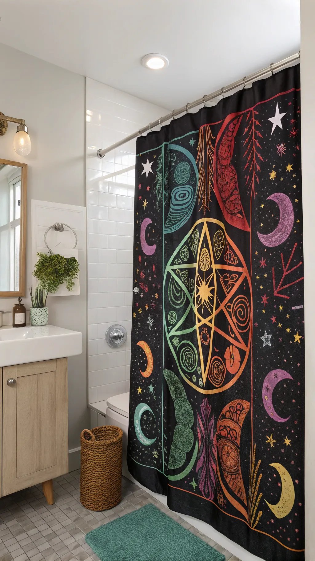 A colorful witchy shower curtain featuring celestial designs, including moons, stars, and a pentagram, in a modern bathroom setting.