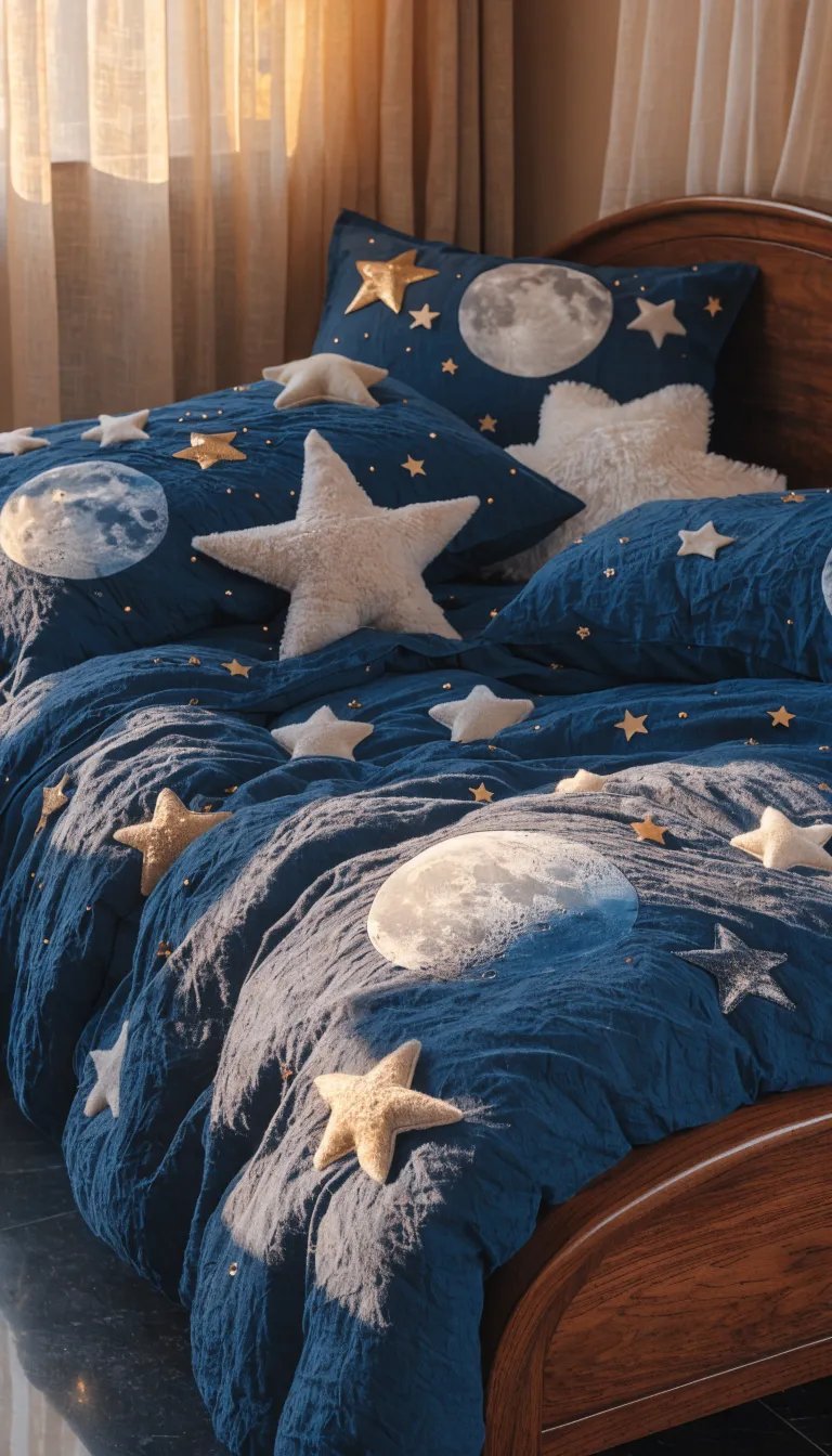 Celestial-themed bedding featuring stars and moons on a blue background.