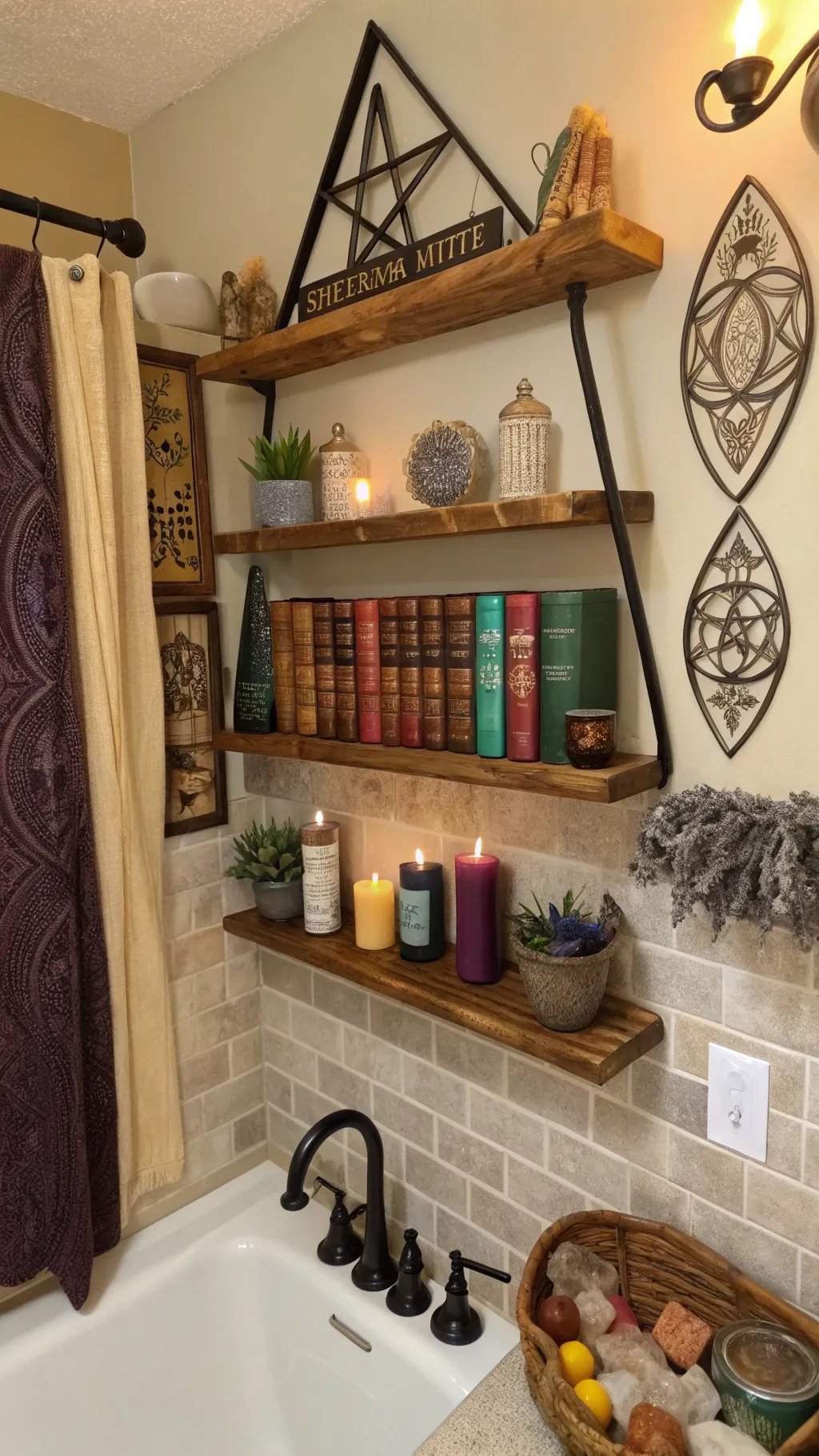 A witchy bathroom with rustic wooden shelves decorated with plants, candles, books, and a unique sign.