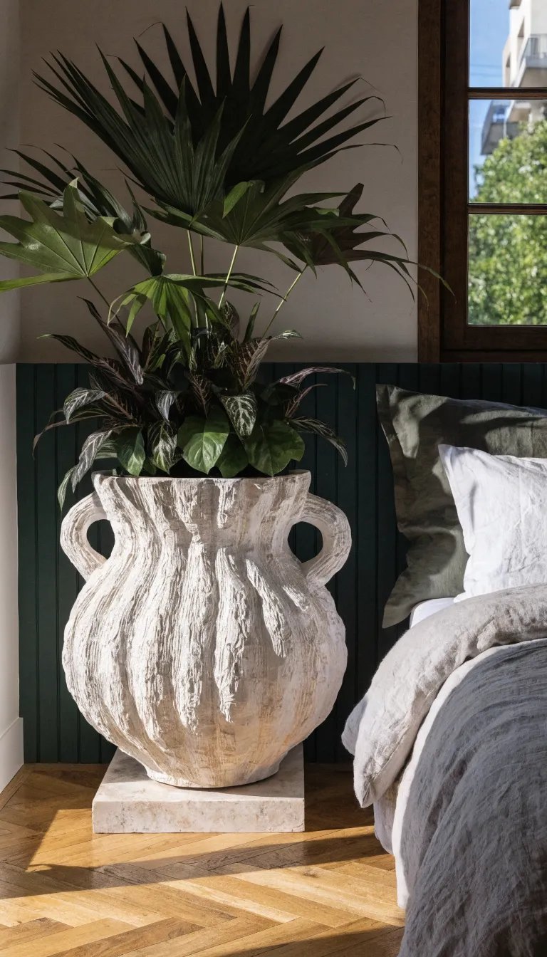 A chic cauldron planter filled with lush green plants in a stylish bedroom setting.