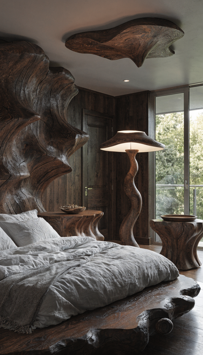 Cozy bedroom with dark wood furniture and modern design.