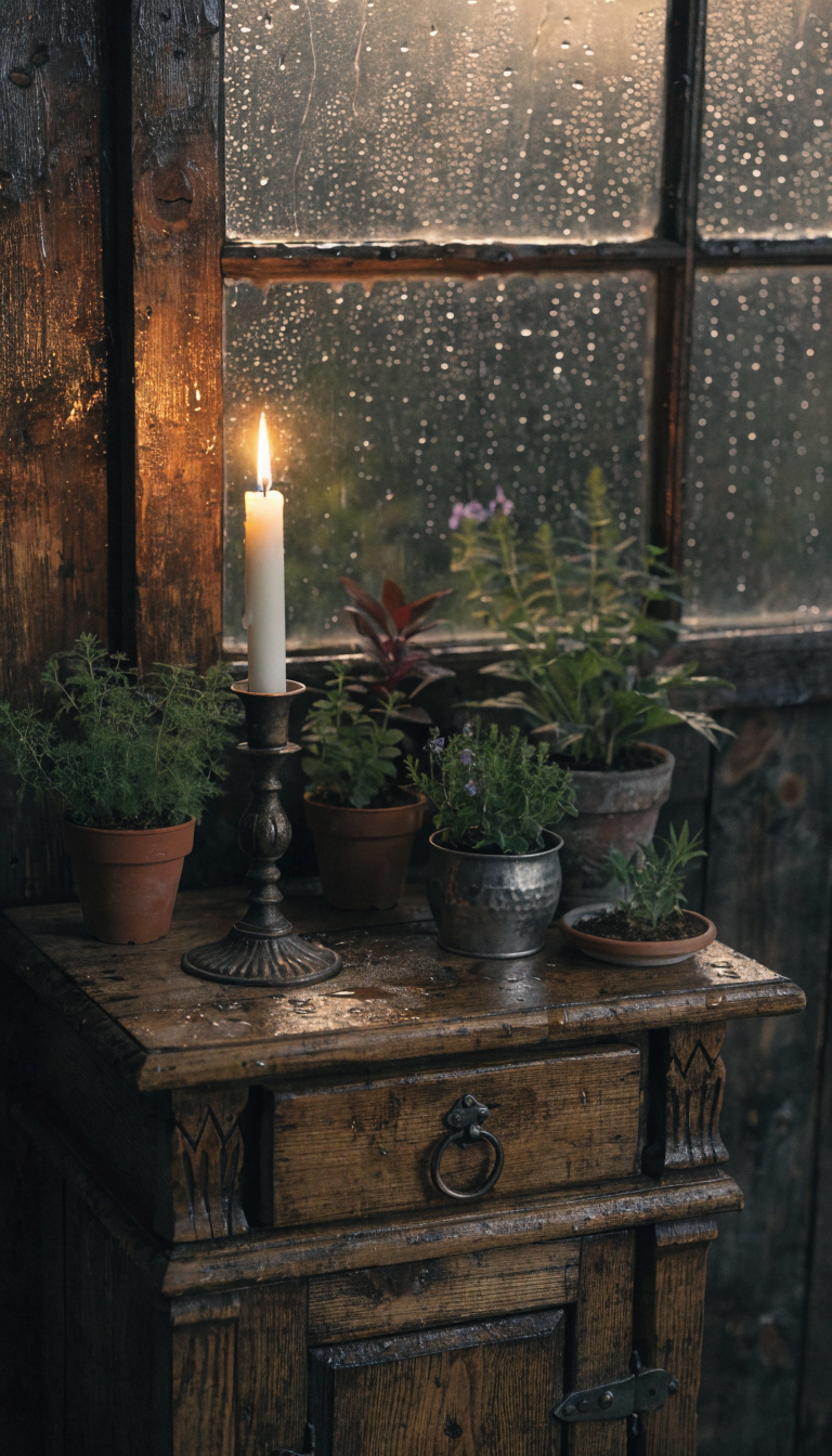 A rustic nightstand with potted herbs and a candle beside a window with raindrops.