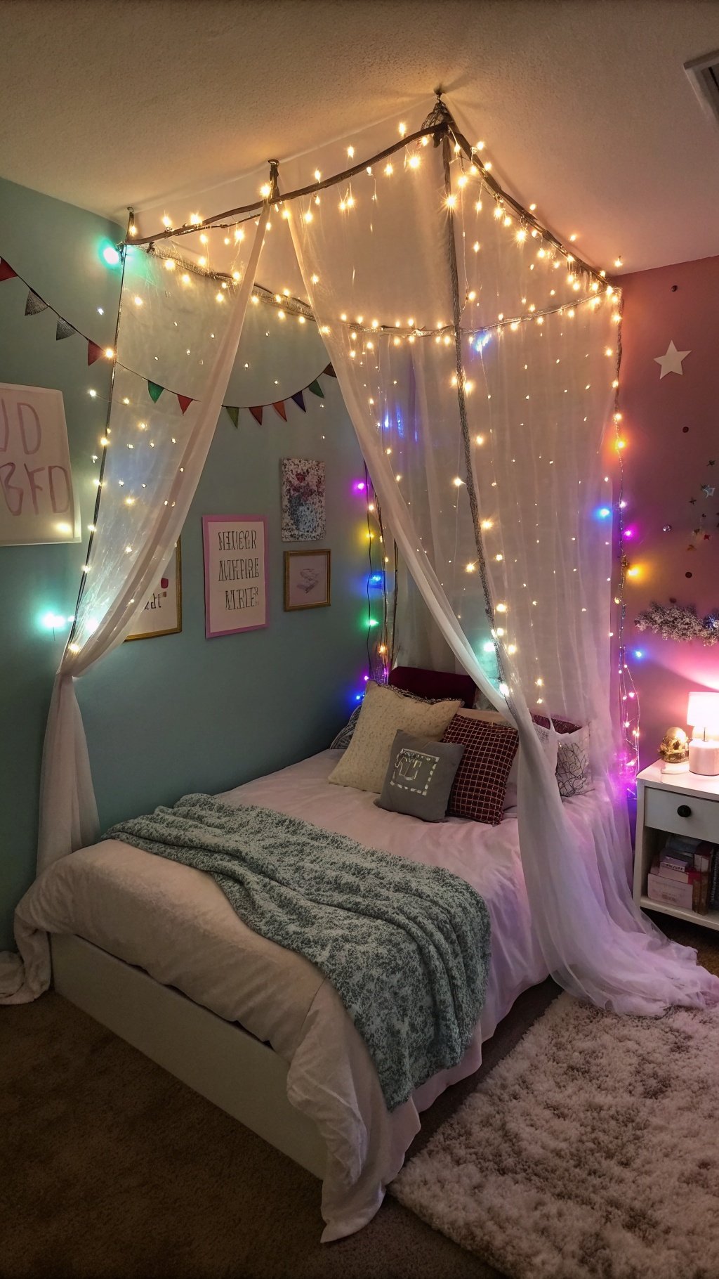 17 Whimsical Small Bedroom Ideas to Spark Your Imagination A whimsical small bedroom with a fairy light canopy draped above a bed, colorful accents, and cozy decor.