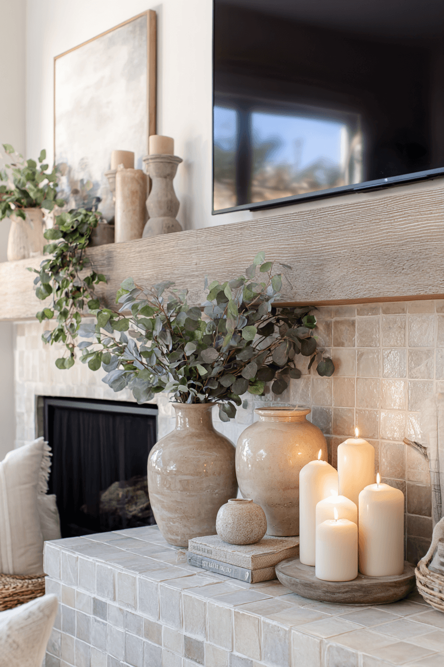 27 Mantle Decor With TV Looks That Feel Elegant and Practical 16 peaceful neutral mantel harmony