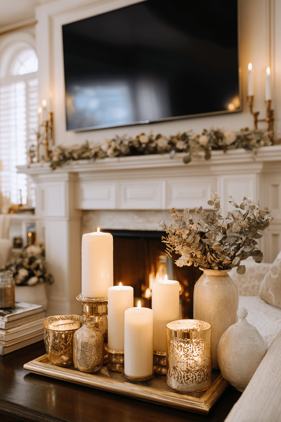 27 Mantle Decor With TV Looks That Feel Elegant and Practical 18 glowing candle mantel magic