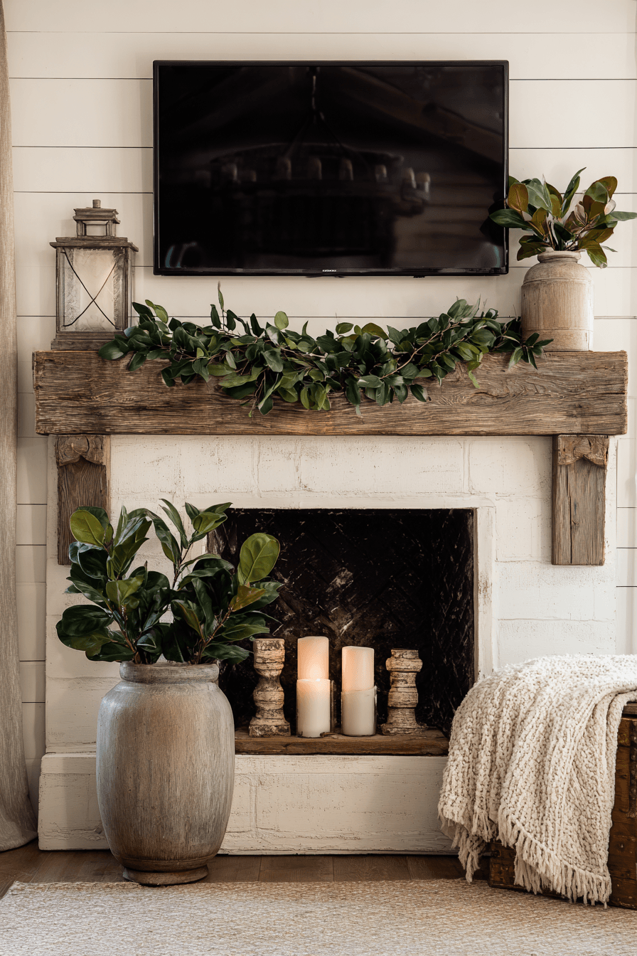 27 Mantle Decor With TV Looks That Feel Elegant and Practical 20 cozy greenery mantel charm