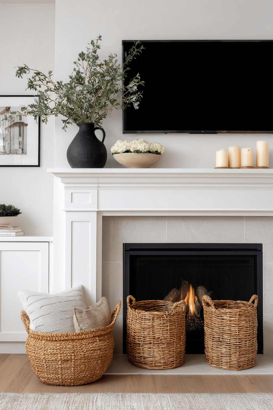 27 Mantle Decor With TV Looks That Feel Elegant and Practical 23 relaxed basket mantel warmth