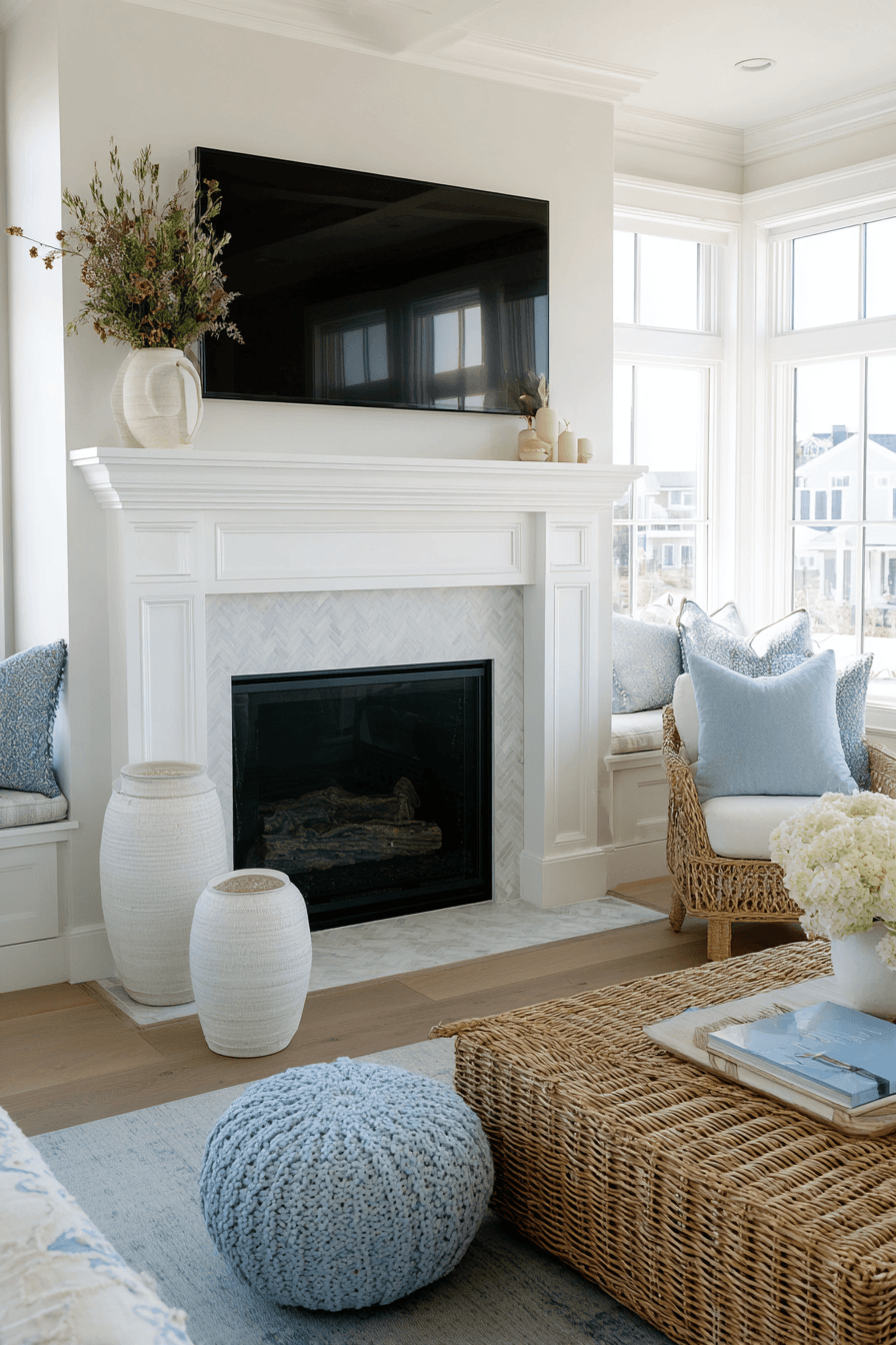 27 Mantle Decor With TV Looks That Feel Elegant and Practical 9 light coastal mantel charm