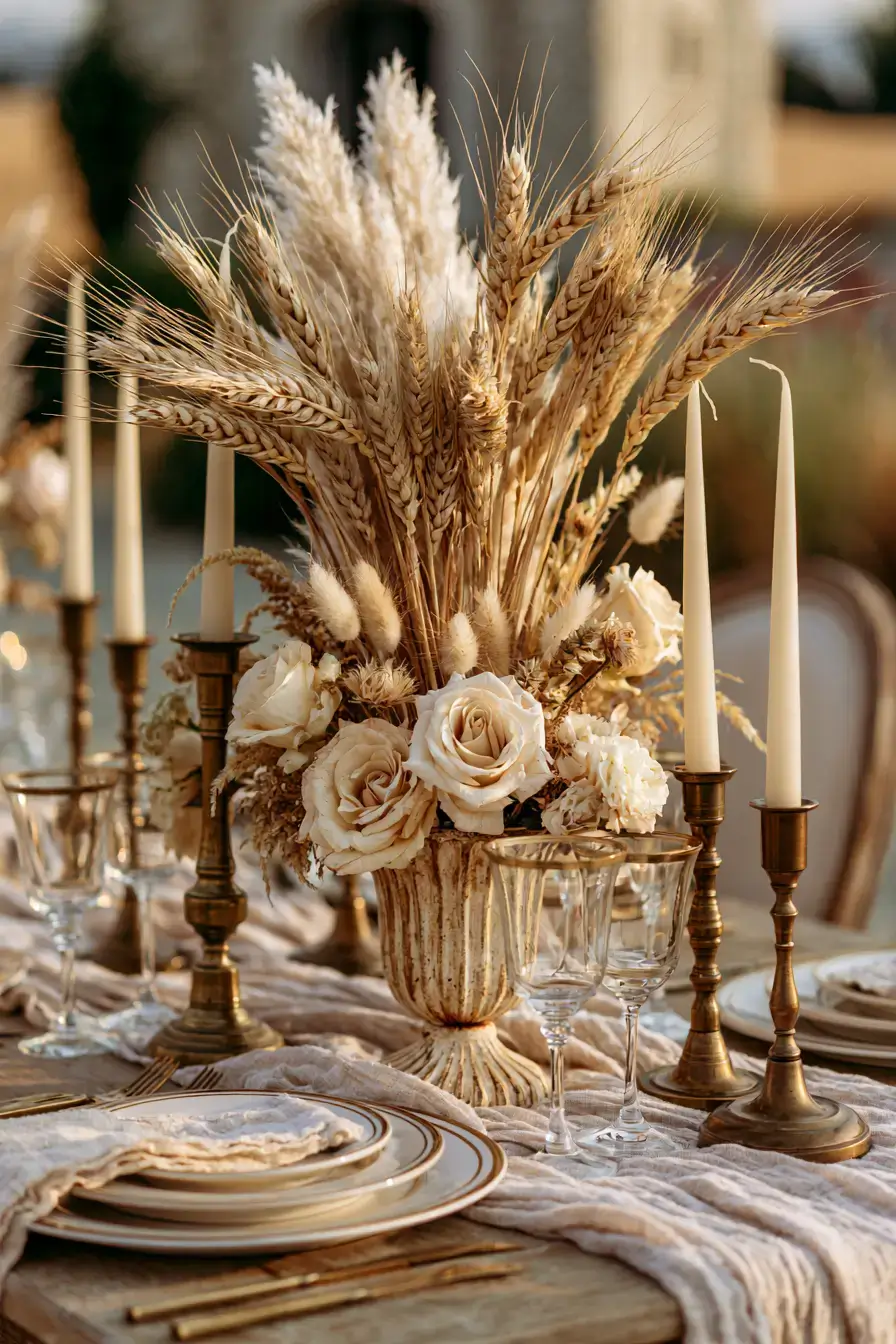 27 Beautiful Fall Wedding Centerpieces to Inspire Your Big Day 13 harvest wheat wedding decor 1