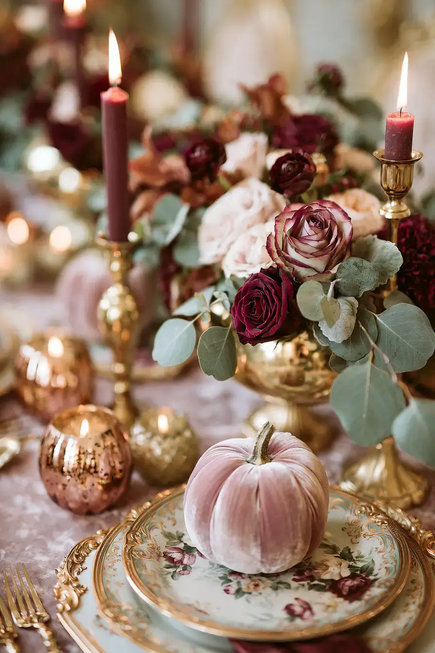 27 Beautiful Fall Wedding Centerpieces to Inspire Your Big Day 14 elegant velvet pumpkin decor 1