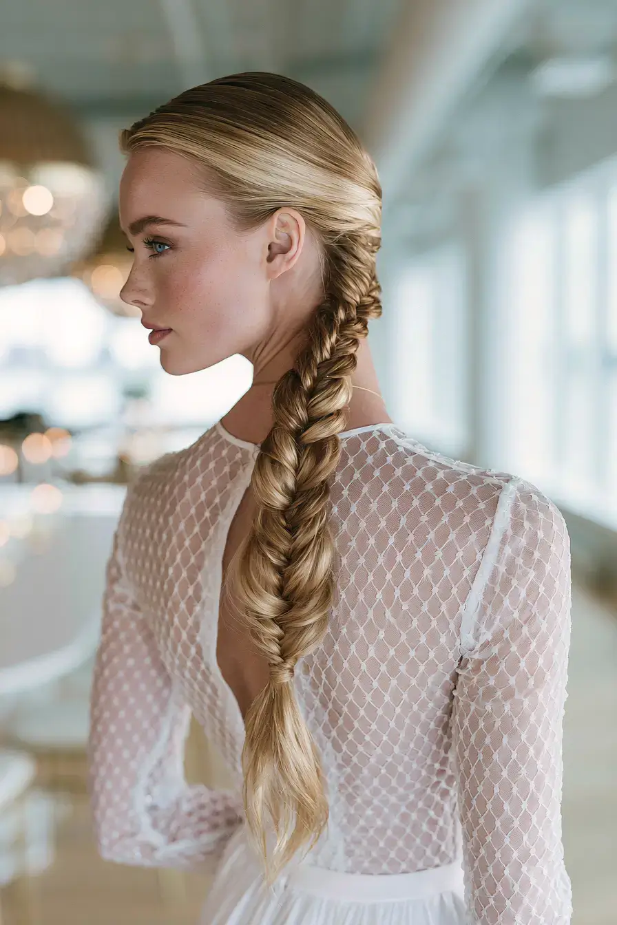 27 Timeless Waterfall Braid Wedding Hair Ideas for Brides 14 sophisticated bridal hair style 1