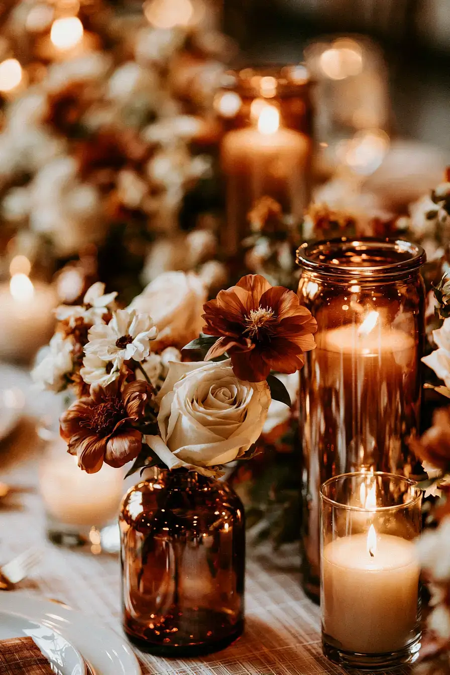 27 Beautiful Fall Wedding Centerpieces to Inspire Your Big Day 17 amber vase table decor 1
