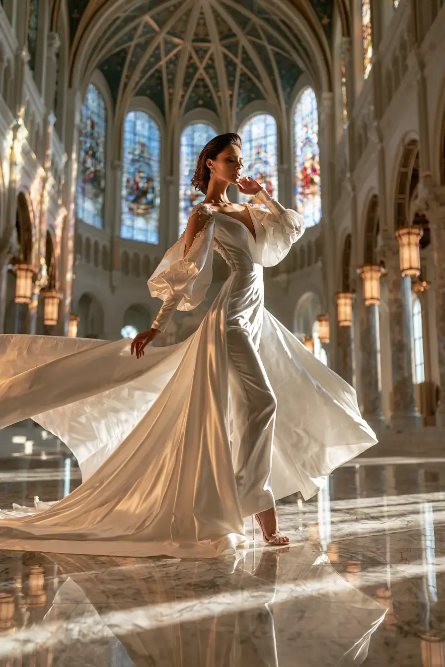 27 Breathtaking Satin Wedding Dresses with Sleeves for Classic Elegance 21 cathedral sleeve satin elegance 1