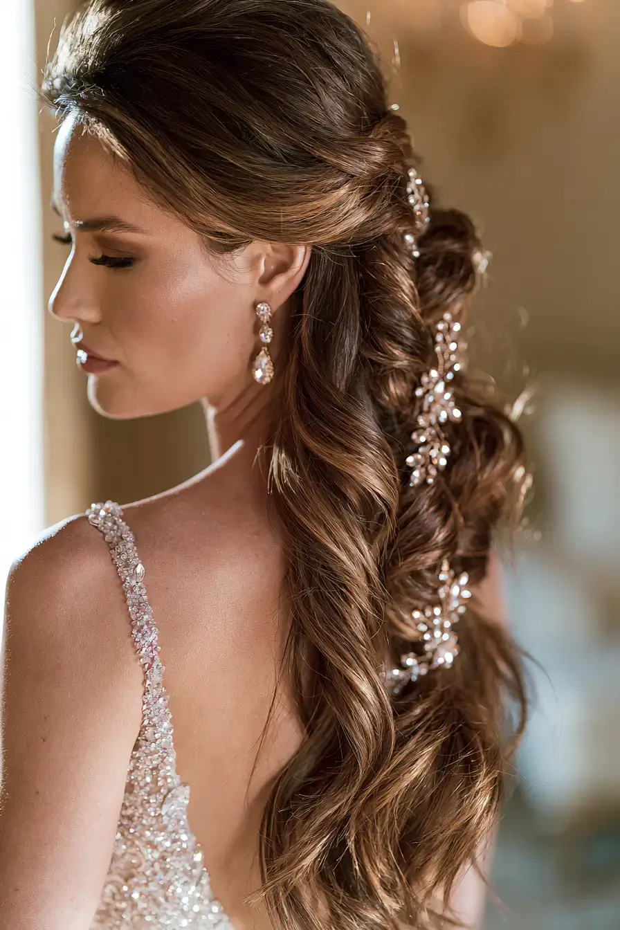 27 Timeless Waterfall Braid Wedding Hair Ideas for Brides 23 crystal bridal hair details 1
