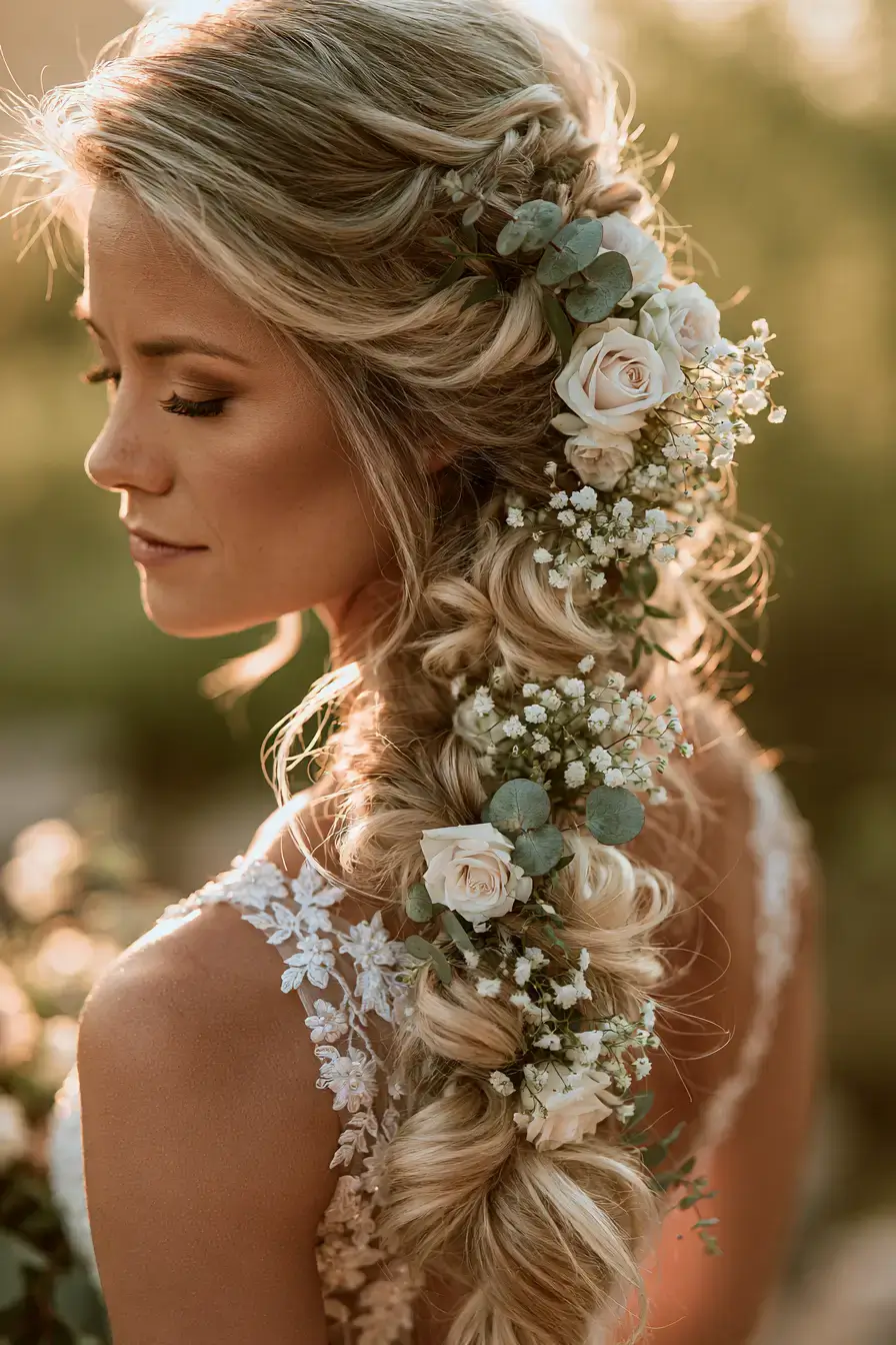 27 Timeless Waterfall Braid Wedding Hair Ideas for Brides 24 blooming bridal hair style 1