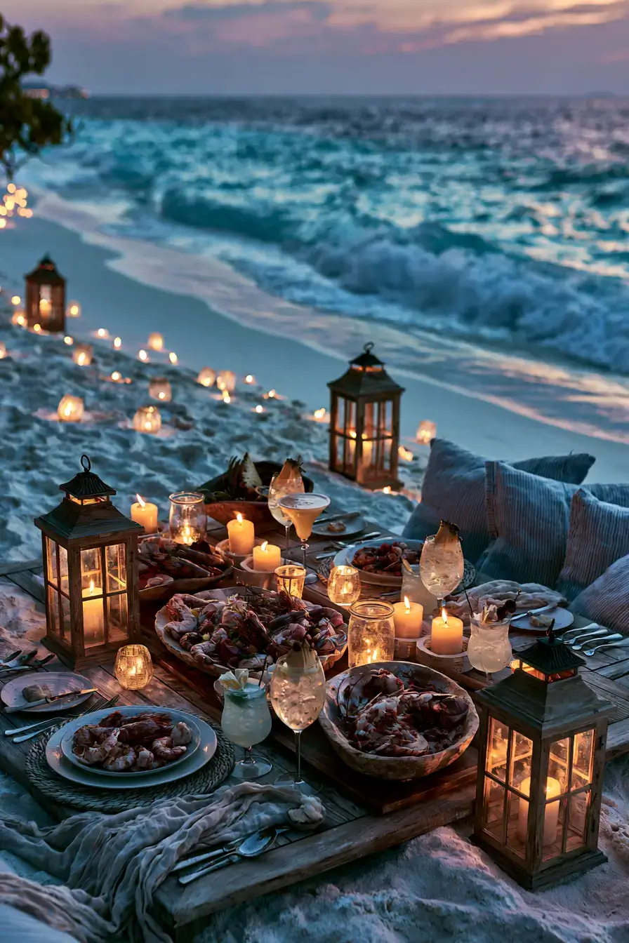 27 Romantic Dinner Ideas for the Perfect Candlelit Evening 25 beach inspired coastal romance dinner 1