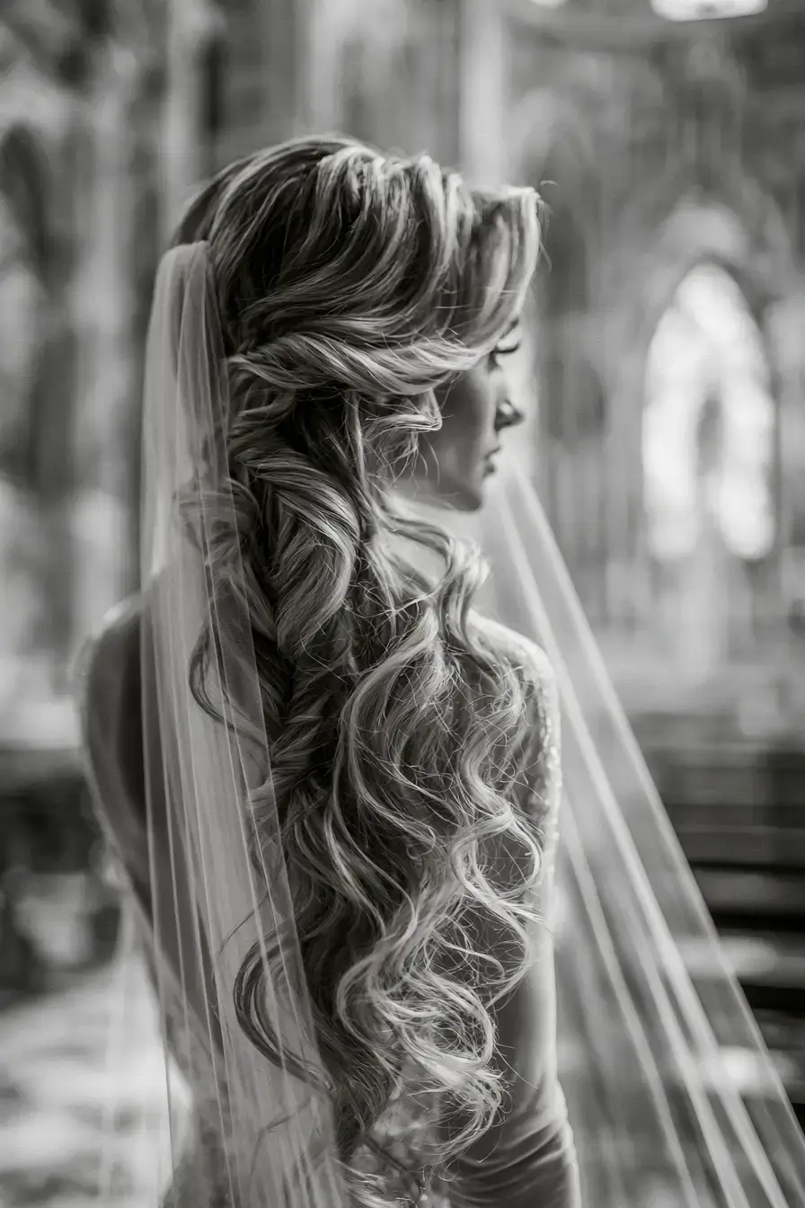 27 Timeless Waterfall Braid Wedding Hair Ideas for Brides 25 veil ready wedding hair 1