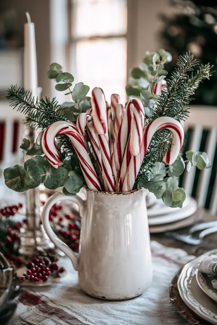 27 Candy Cane Centerpiece Ideas for Cozy Holiday Gatherings 5 farmhouse candy cane table style 1