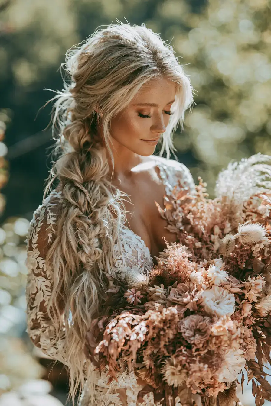 27 Timeless Waterfall Braid Wedding Hair Ideas for Brides 9 bohemian wedding hair style 1