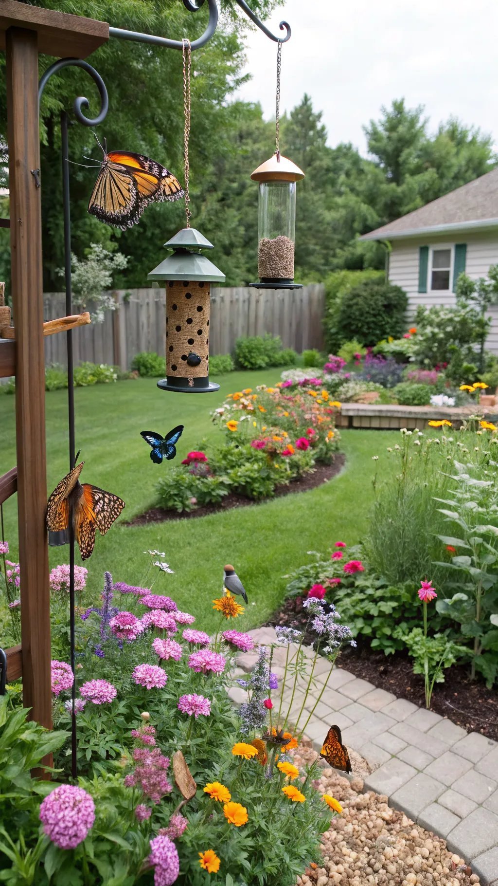 15 Enchanting Backyard Ideas to Create Your Witchy Outdoor Sanctuary A vibrant backyard with butterfly feeders, colorful flowers, and a green lawn, showcasing a wildlife sanctuary.