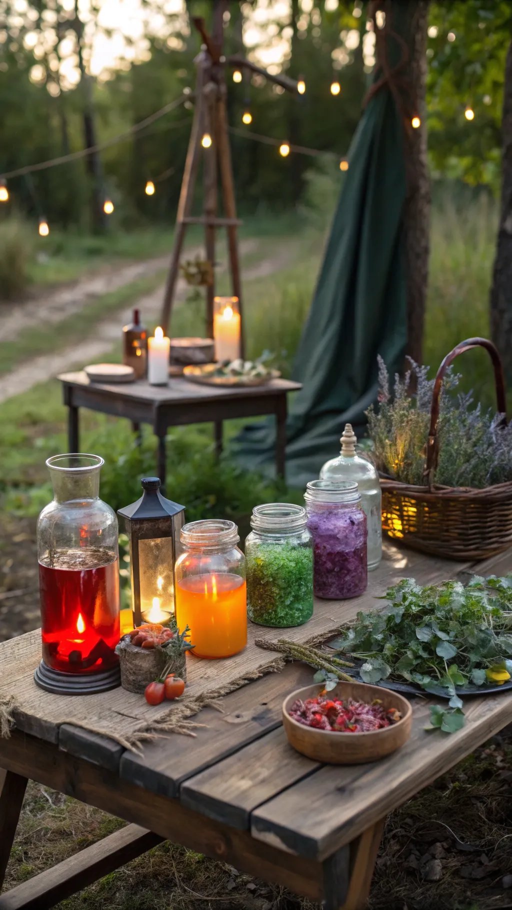 15 Enchanting Backyard Ideas to Create Your Witchy Outdoor Sanctuary A backyard potion station with colorful jars, candles, and herbs, creating a mystical and inviting atmosphere.