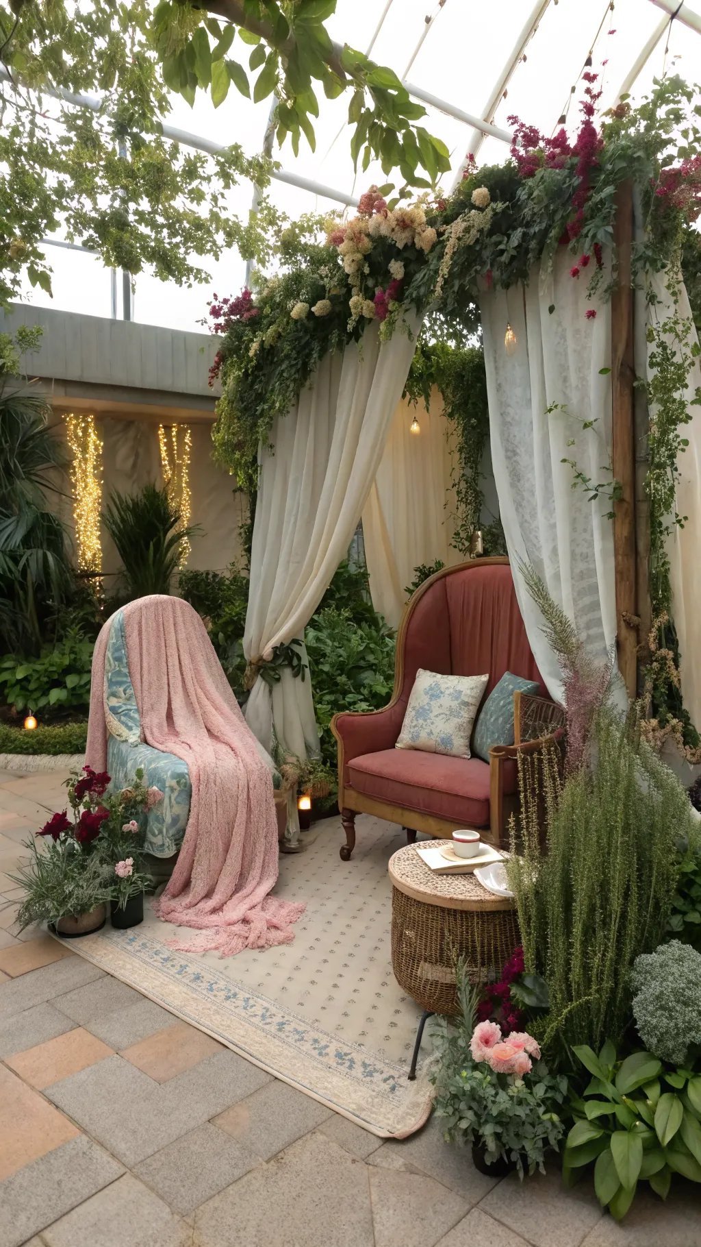 15 Enchanting Backyard Ideas to Create Your Witchy Outdoor Sanctuary Cozy outdoor seating nook with floral decor and fabric canopy.