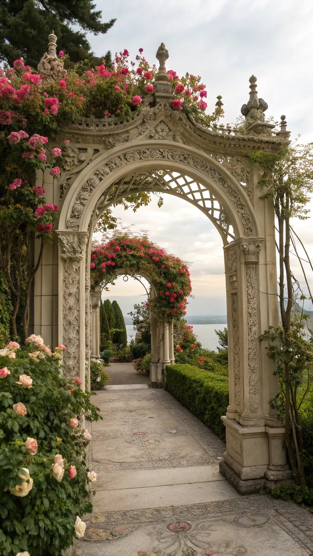 15 Enchanting Backyard Ideas to Create Your Witchy Outdoor Sanctuary Gothic garden archway adorned with pink flowers leading into a pathway