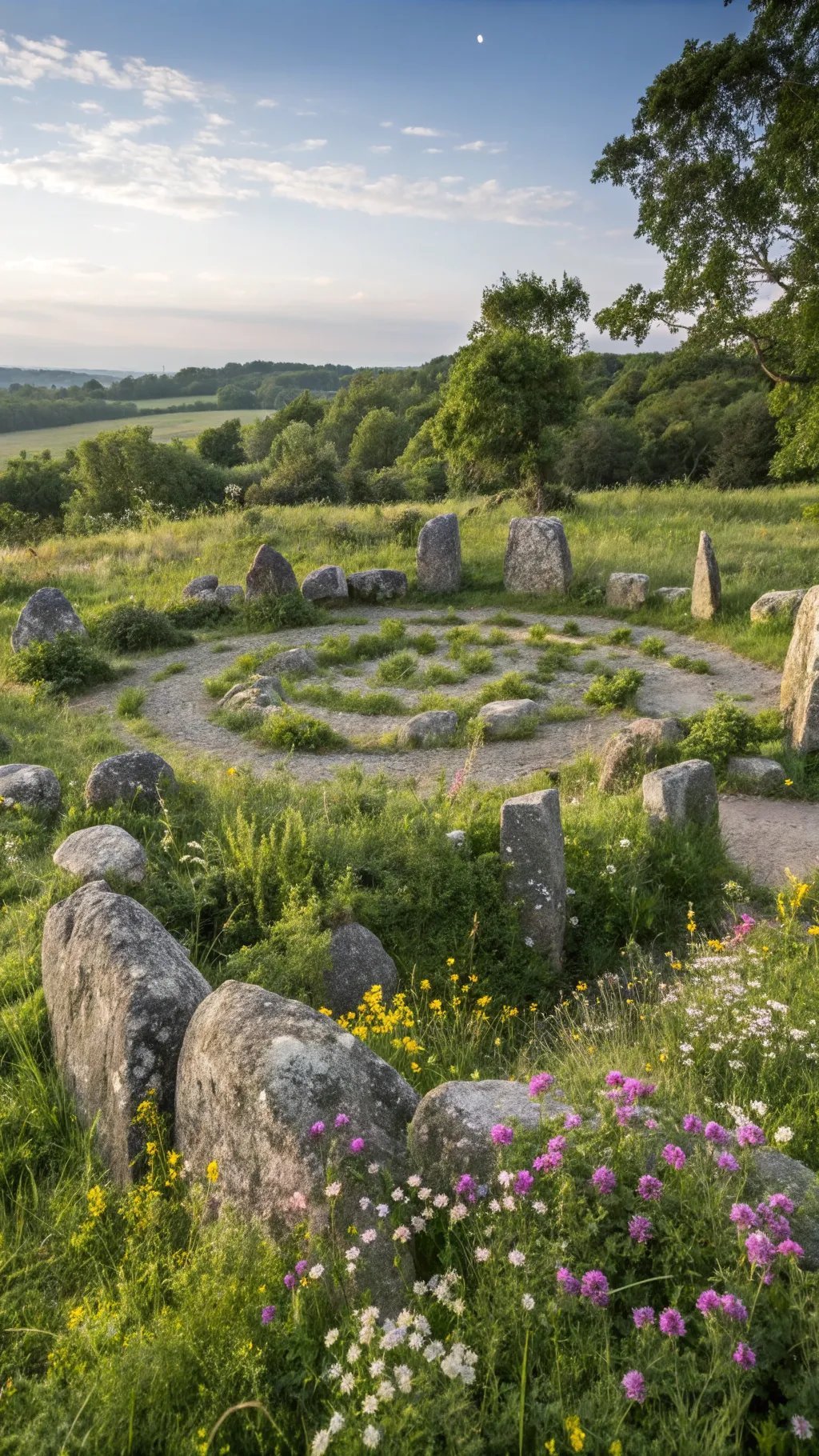 15 Enchanting Backyard Ideas to Create Your Witchy Outdoor Sanctuary A beautiful stone circle surrounded by wildflowers and green grass in a serene setting.