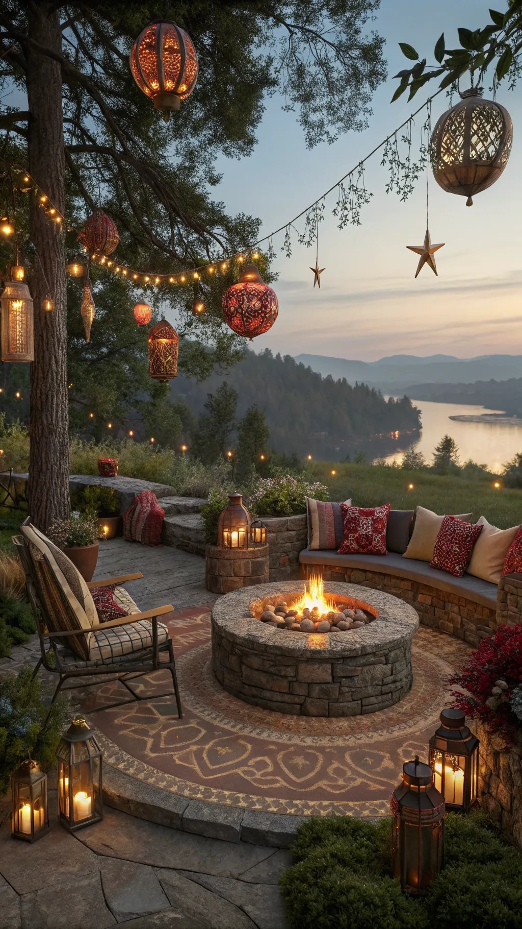 15 Enchanting Backyard Ideas to Create Your Witchy Outdoor Sanctuary A cozy backyard fire pit illuminated by lanterns and fairy lights, surrounded by comfortable seating and lush greenery.