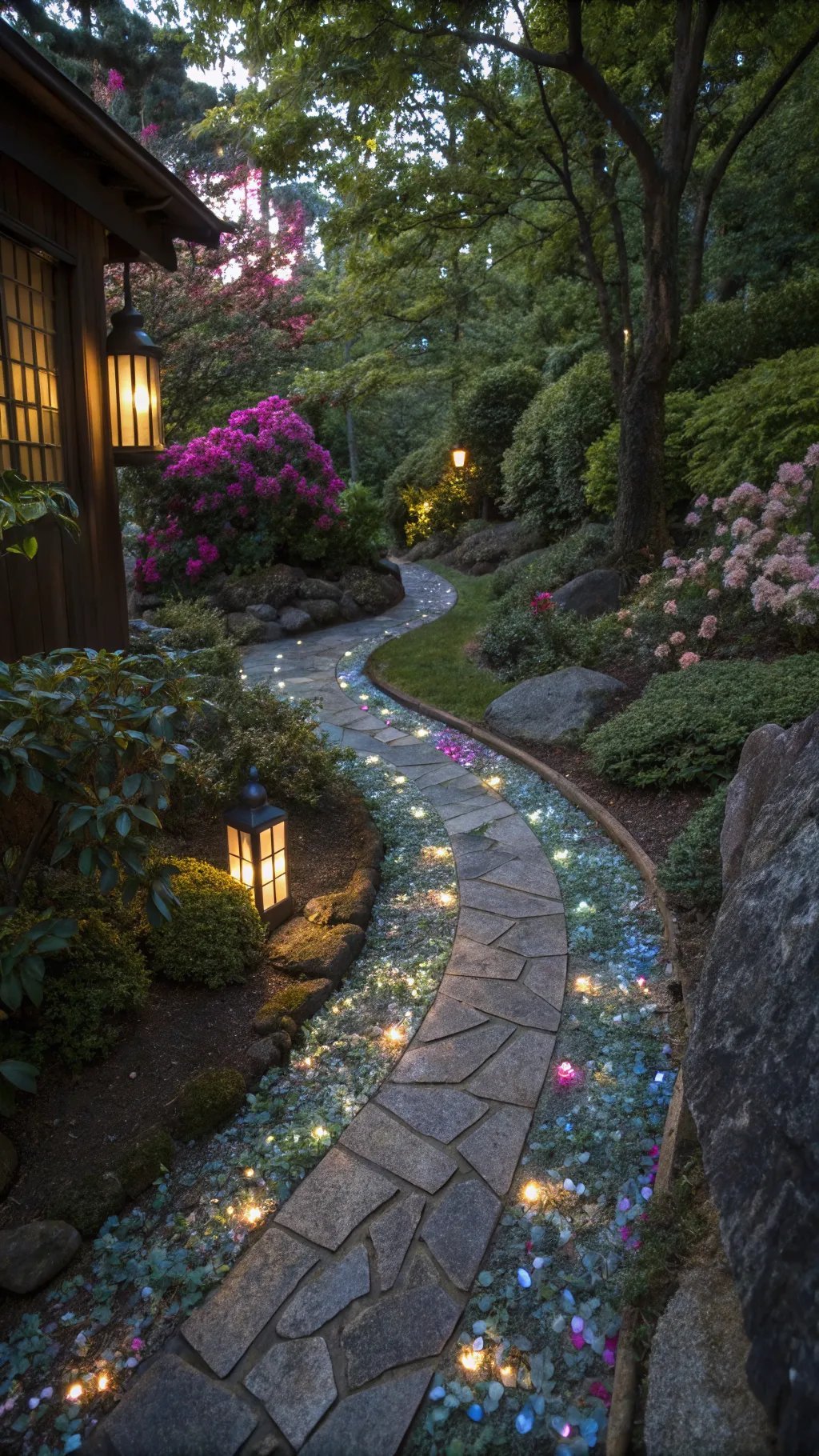 15 Enchanting Backyard Ideas to Create Your Witchy Outdoor Sanctuary A beautifully lit winding pathway made of stones and colorful glass flowers, surrounded by lush greenery.