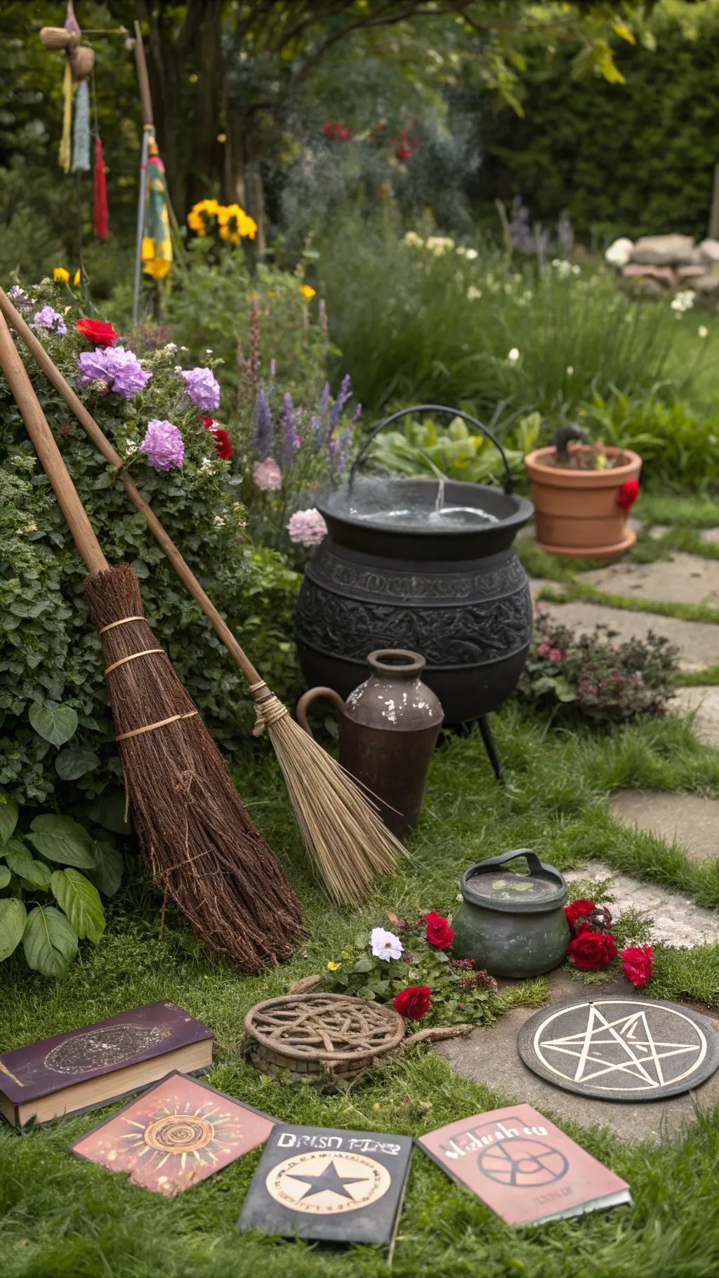 15 Enchanting Backyard Ideas to Create Your Witchy Outdoor Sanctuary A witchy backyard scene featuring broomsticks, a cauldron, and spell books surrounded by flowers.