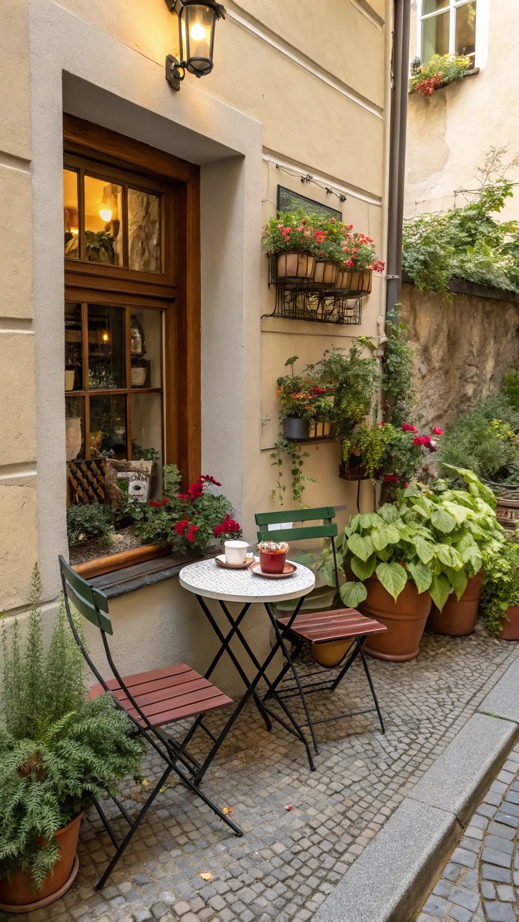 15 Enchanting Backyard Ideas to Create Your Witchy Outdoor Sanctuary Cozy outdoor herbal tea corner with a small table, chairs, and blooming plants