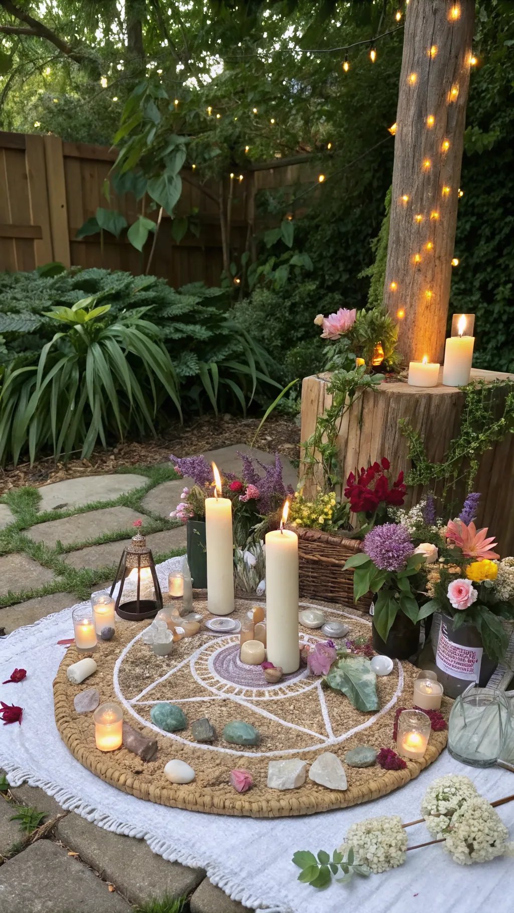15 Enchanting Backyard Ideas to Create Your Witchy Outdoor Sanctuary A beautiful enchanted outdoor altar with candles, flowers, and crystals set in a backyard.