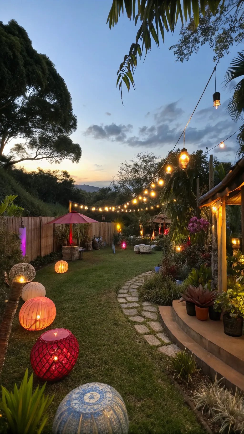 15 Enchanting Backyard Ideas to Create Your Witchy Outdoor Sanctuary Enchanting backyard lighting with colorful lanterns and string lights.