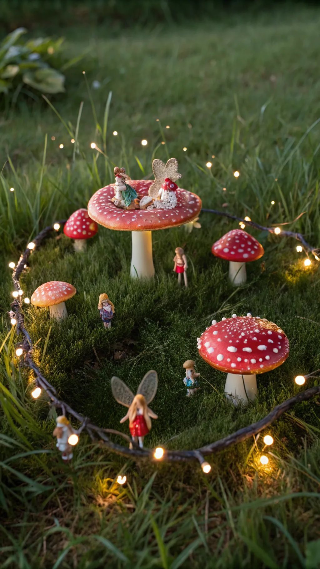 15 Enchanting Backyard Ideas to Create Your Witchy Outdoor Sanctuary A whimsical fairy circle featuring miniature fairies and colorful mushrooms, illuminated by soft fairy lights.