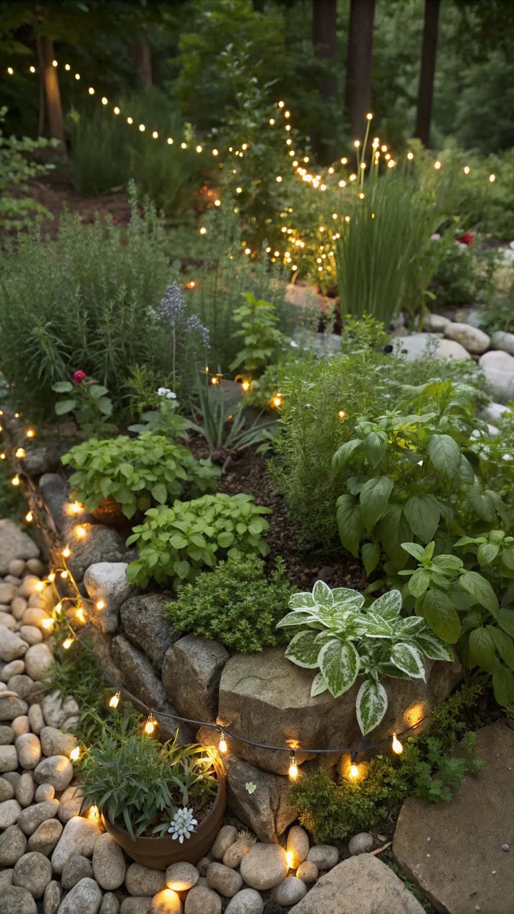 15 Enchanting Backyard Ideas to Create Your Witchy Outdoor Sanctuary A mystical herb garden with lights and plants, creating a cozy atmosphere