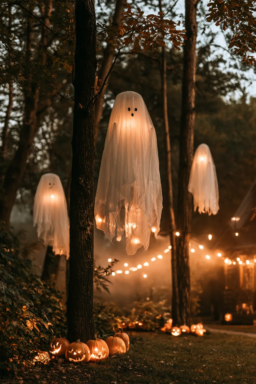 27 Budget Friendly Outdoor Halloween Decor Ideas 11 enchanted floating ghost garden 1