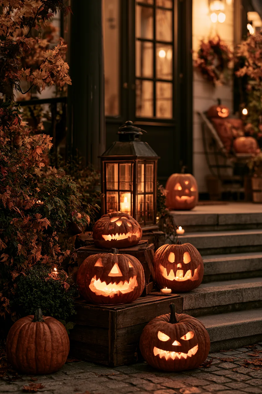 27 Budget Friendly Outdoor Halloween Decor Ideas 15 layered pumpkin porch glow 1