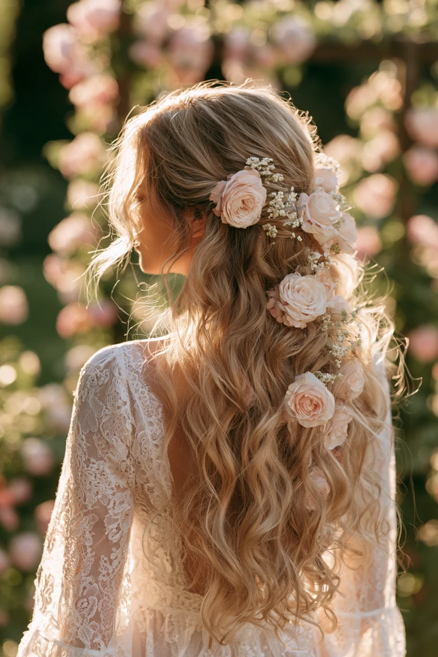 27 Wedding Hairstyles for Long Hair That Are Elegant Romantic and Picture Perfect 11 blooming floral wedding hairstyles 1