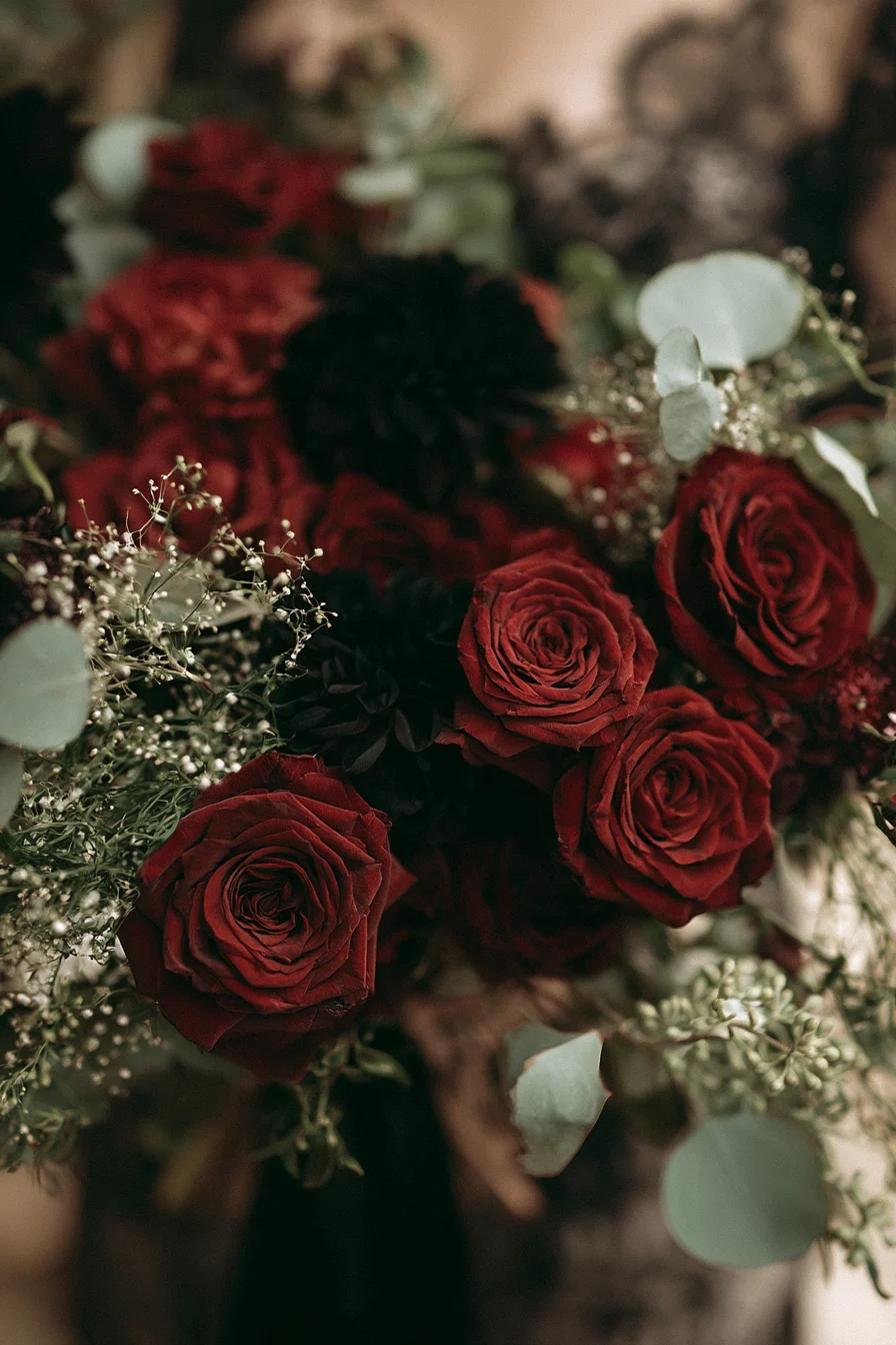 27 Haunted Wedding Ideas That Feel Magical 12 rich burgundy bouquets for a mysterious bride 1