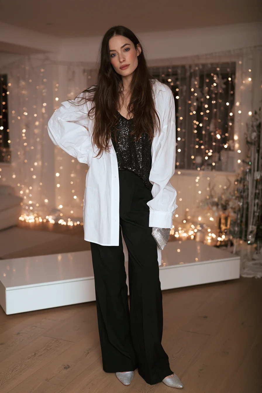 27 Casual New Years Eve Outfits To Try 13 oversized white shirt glamorous ensemble 1