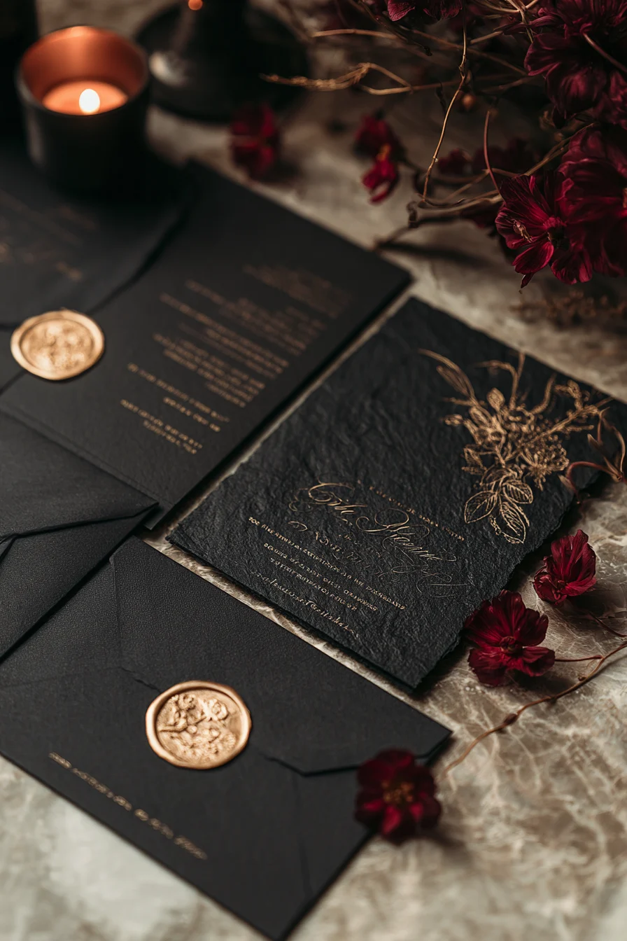 27 Haunted Wedding Ideas That Feel Magical 14 refined black stationery with golden details 1