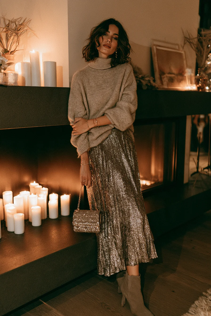 27 Casual New Years Eve Outfits To Try 14 soft turtleneck metallic skirt outfit 1