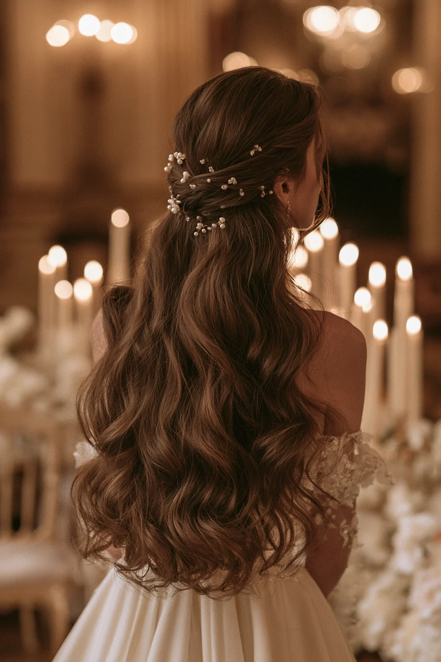 27 Wedding Hairstyles for Long Hair That Are Elegant Romantic and Picture Perfect 16 delicate pearl bridal hair 1