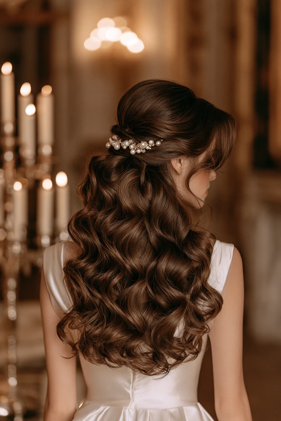 2 sparkling pearl wave bridal half up half down hair 1