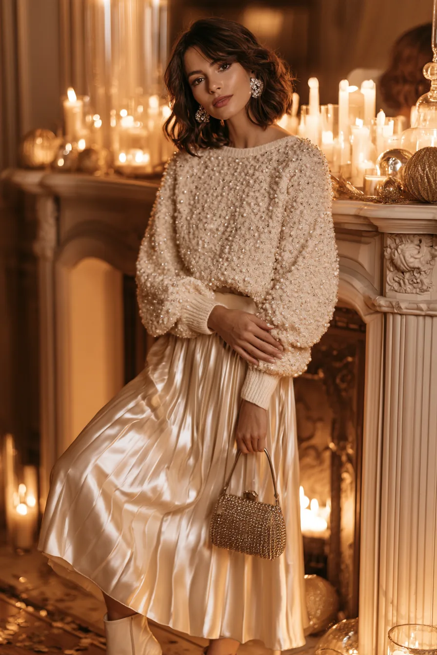 27 Casual New Years Eve Outfits To Try 21 cozy sweater and satin skirt look 1