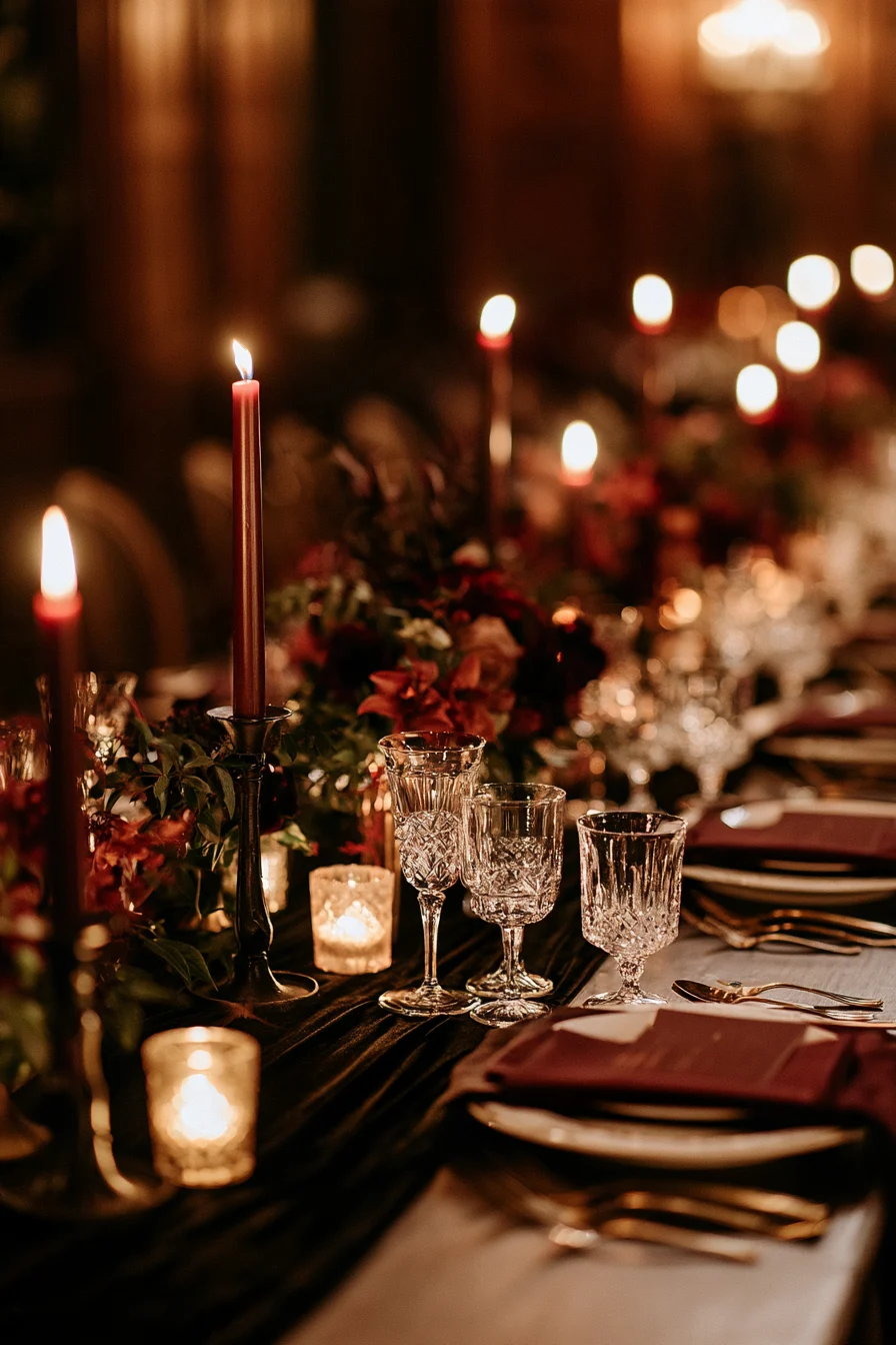 27 Haunted Wedding Ideas That Feel Magical 21 luxurious velvet wedding tablescapes 1