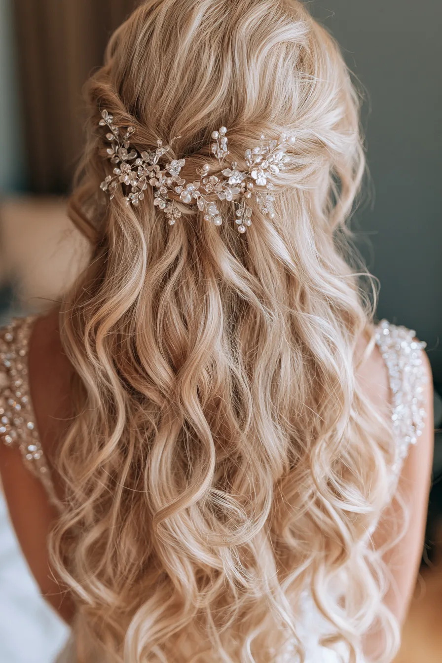 27 Wedding Hairstyles for Long Hair That Are Elegant Romantic and Picture Perfect 22 sparkling bridal accessory hairstyles 1